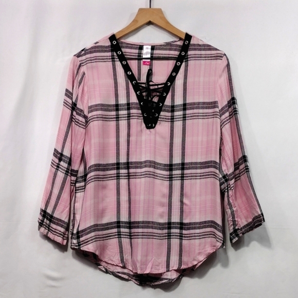 NWT No Boundaries Plaid Boho Top Women's L Pink Black Barbiecore Retro Romantic - Picture 1 of 11